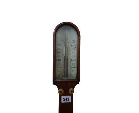 A Victorian oak cased domed top stick barometer and thermometer, the two part ivory dial with sliding vernier and turned circ