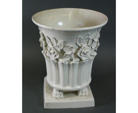 A Casa Pupo, Spain, cream glazed, floral encrusted classical shaped vase, 31cm high and a modern baluster table lamp, decorat