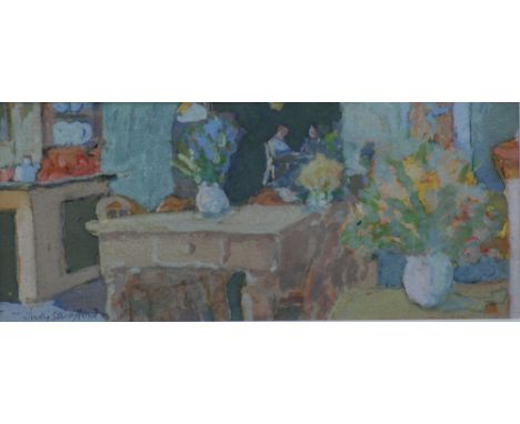 Judy Stafford (British, 20th Century), Umbrian Kitchen, signed 'J Stafford' (lower left), watercolour, 10.5 x 24cm, together 