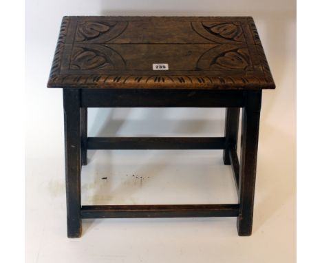 A reproduction carved oak joynt stool, 46cm wide, bleached demi lune console table, brass circular top table with folding woo