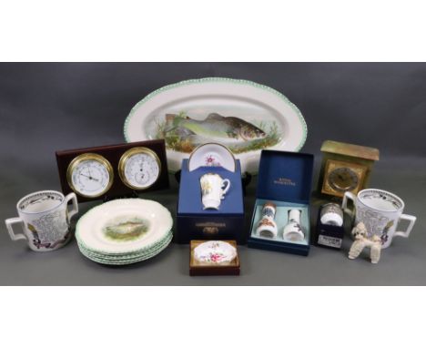 Elsinor - a gilt metal mounted green onyx mantel timepiece, 18cm high, Barostar barometer and hygrometer, pair of Burleigh Wa