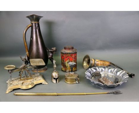 A set of Victorian brass postal scales, with foliate cast base, 22cm wide, a bronzed gilt metal baluster vase applied with tw