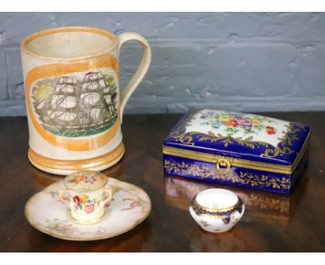 A Victorian Sunderland cylindrical pottery frog mug, 12.5cm high, miniature Royal Worcester tyg, similar box cover, Limoges S