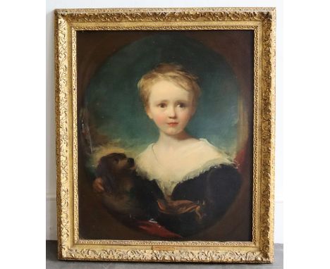 Oil 18th century portrait of a boy with dog by&nbsp;George Henry Harlow (British, 1787-1819). 61 x 72cm (approx. including th