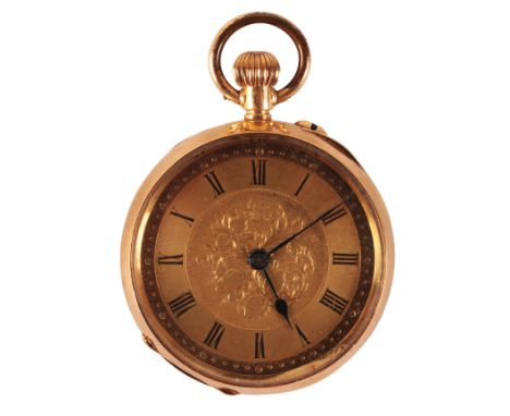 AN 18CT GOLD FOB WATCH with manual wind movement, the engraved gold dial with black Roman numerals and dark blue steel hands,