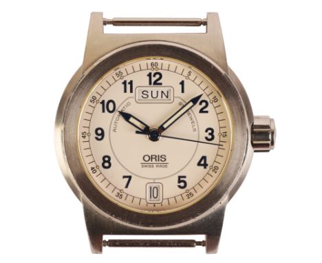 ORIS: A GENTLEMAN'S STAINLESS STEEL WRISTWATCHwith automatic movement, the white dial with black Arabic numerals, day apertur