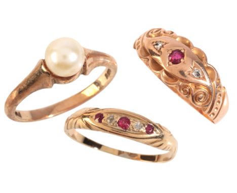 THREE GEM-SET RINGSincluding a ruby and diamond ring in 15ct rose gold; together with a ruby and diamond ring in 18ct gold; a