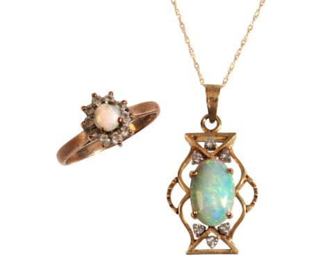 AN OPAL AND DIAMOND PENDANT NECKLACEin 14ct gold, set with an opal cabochon over stylised openwork design set with round bril