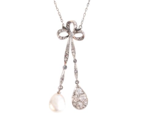 AN ANTIQUE NATURAL PEARL AND DIAMOND NÉGLIGÉE NECKLACE in platinum on 15ct gold, designed as a stylised bow, set with old cut