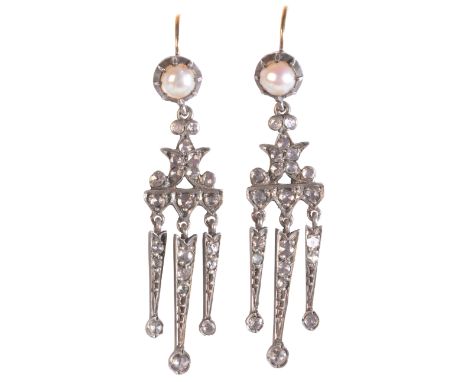 A PAIR OF ANTIQUE GEORGIAN PEARL AND DIAMOND CHANDELIER EARRINGSin silver, each set with a split pearl of c.5.5mm held in a p