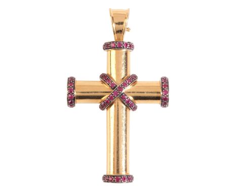 THEO FENNELL: A RUBY CROSS PENDANTin 18ct gold, set with round cut rubies, signed 'Theo Fennell', c.5.5cm, (c.22.1g)