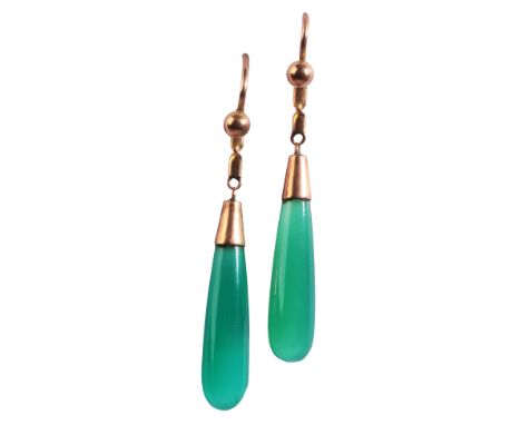 A PAIR OF CHRYSOPRASE DROP EARRINGSin 9ct gold, each set with a chrysoprase baton, articulated to shepherds hook fittings, no