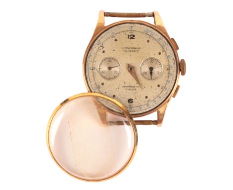 OLYMPIC: A GENTLEMAN'S VINTAGE CHRONOGRAPH 18CT GOLD WRISTWATCHwith manual wind movement, the silver dial with double subsidi