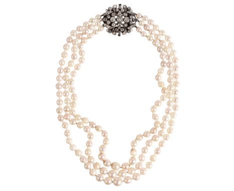 AN ANTIQUE THREE ROW PEARL AND DIAMOND CHOKER NECKLACE&nbsp;comprising three rows of cultured pearls, graduating from c.5.4-8