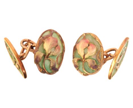 LUCIEN GUILLARD: A PAIR OF ART NOUVEAU&nbsp;PLIQUE-À-JOUR CUFFLINKS&nbsp;in 18ct gold, each comprising a principal oval termi