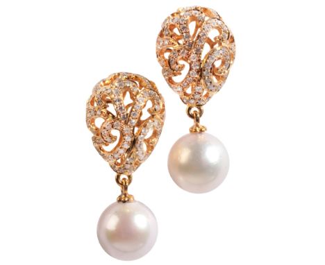 A PAIR OF PEARL AND DIAMOND DROP EARRINGSin 18ct gold, each comprising an openwork bombé design, set with round brilliant cut