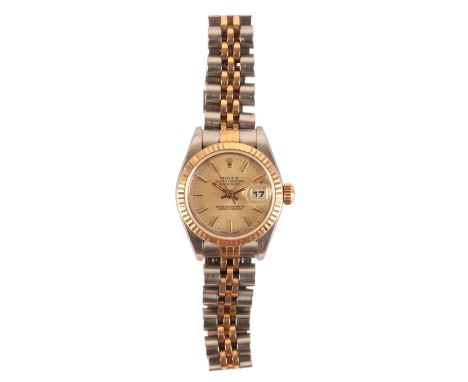 ROLEX OYSTER PERPETUAL DATEJUST: A LADY'S STAINLESS STEEL AND GOLD BRACELET WATCHwith automatic movement, the gold dial with 