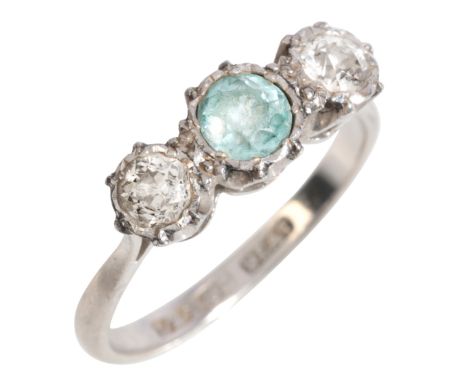 A ZIRCON AND DIAMOND THREE STONE RINGin platinum, set with a round cut zircon, flanked by old European cut diamonds, maker's 