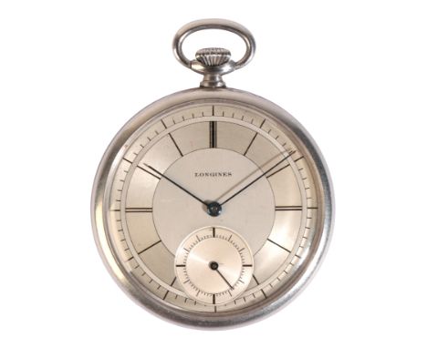 LONGINES: A GENTLEMAN'S OPEN FACE STAINLESS STEEL POCKET WATCH with manual wind movement, the silver two-tone dial with black