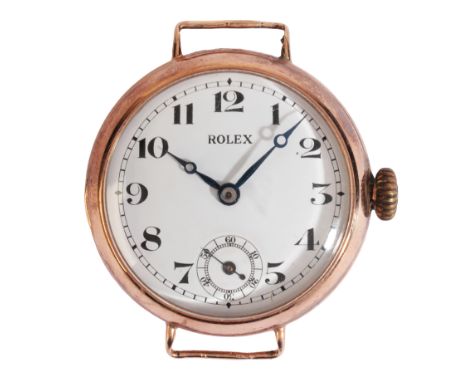 ROLEX: A GENTLEMAN'S 9CT GOLD TRENCH WATCHwith manual wind movement, the white dial with black Arabic numerals and dark blue 