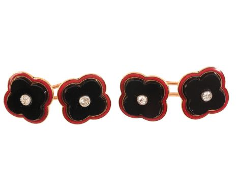 A PAIR OF FRENCH VINTAGE ONYX, DIAMOND AND ENAMEL QUATREFOIL CUFFLINKSin 18ct gold, each comprising two quatrefoil terminals,