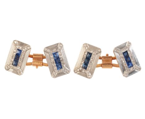 A PAIR OF FRENCH ART DECO SAPPHIRE AND DIAMOND CUFFLNKSin 18ct gold and platinum, each comprising two rectangular terminals, 