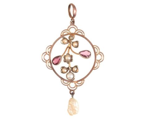 AN ANTIQUE VICTORIAN GEM-SET LAVALIER PENDANT NECKLACEin 9ct gold, in an openwork design, set with a garnet and ruby, accente