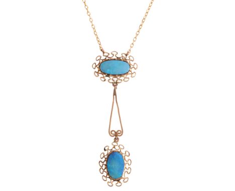 AN OPAL DOUBLET PENDANT NECKLACEin 9ct gold, comprising an opal doublet pendant, set horizontally surrounded by a stylised wi