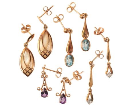 A COLLECTION OF EARRINGSin 9ct gold, including a pair of aquamarine drop earrings, each set with an oval cut aquamarine to a 