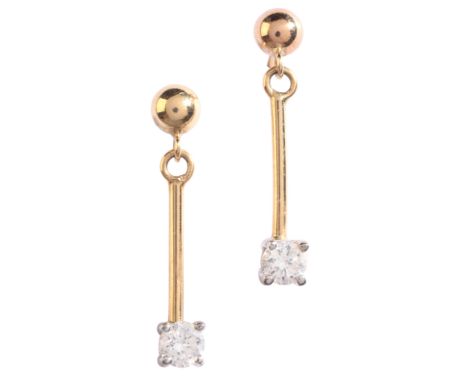 A PAIR OF DIAMOND DROP EARRINGSin 18ct gold, each comprising a gold stud articulated to a bar terminated by a round brilliant