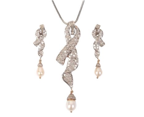 A DIAMOND AND PEARL EARRING AND NECKLACE SUITEincluding a pair of earrings in a ribbon design, pavé-set with round brilliant 