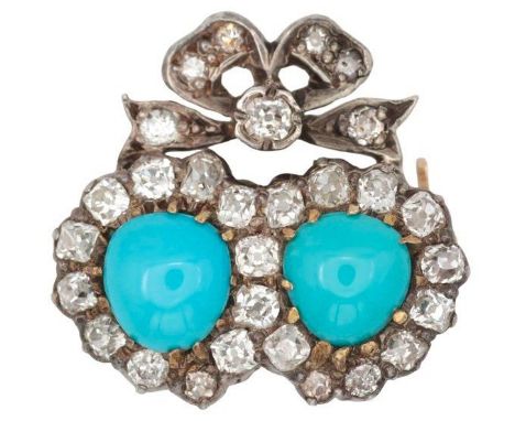 AN ANTIQUE CROWNED DOUBLE HEART TURQUOISE AND DIAMOND BROOCHin silver on gold, set with two turquoise cabochons, surrounded b