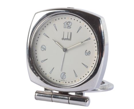 DUNHILL: A SILVER-PLATED DESK CLOCKwith quartz movement, the white dial with silver baton and Arabic numerals, silver luminou