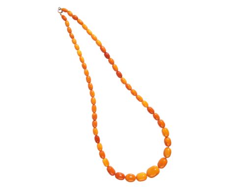 A LARGE AMBER BEAD NECKLACEcomprising a series of amber beads, graduating from c.11.0-28.0 mm, secured with a 9ct gold bull r