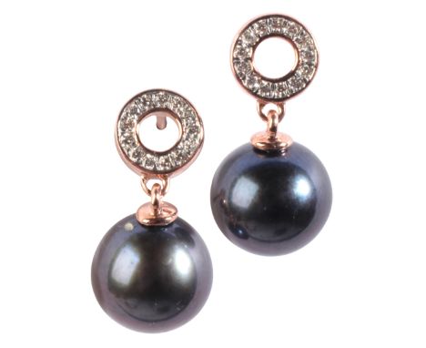 A PAIR OF BLACK PEARL AND DIAMOND EARRINGSin 9ct rose gold, each set with a stylised halo stud set with round brilliant cut d