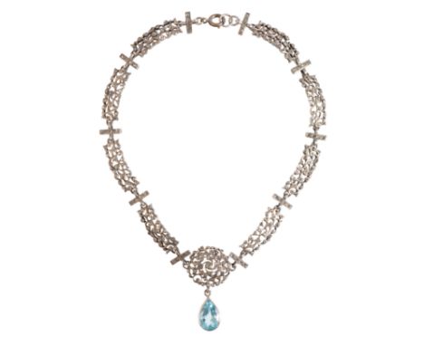 A PASTE AND TOPAZ NECKLACEin sterling silver, set throughout with round cut paste stones over a pierced design, the central m