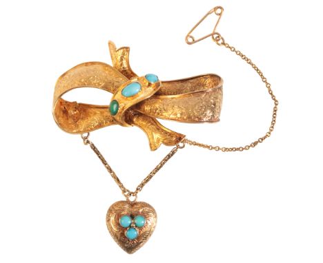 AN ANTIQUE TURQUOISE MOURNING BROOCHin 15ct gold, designed as a stylised bow set to the centre with turquoise cabochons, engr