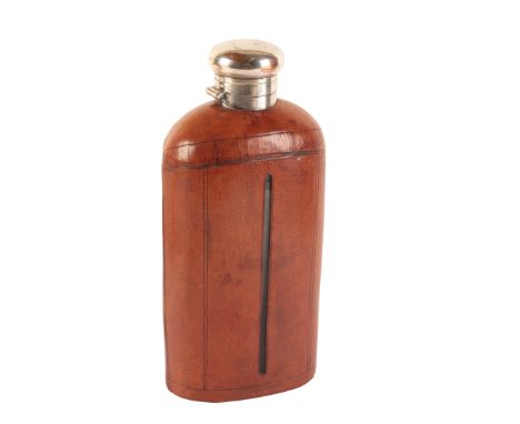 A LARGE EDWARDIAN SILVER-PLATED AND LEATHER-CLAD GLASS HIP FLASK circa 1930's, 26cm high