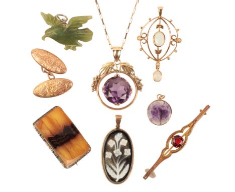 A COLLECTION OF JEWELSincluding an opal and seed pearl lavalier pendant; together with a synthetic sapphire pendant necklace;