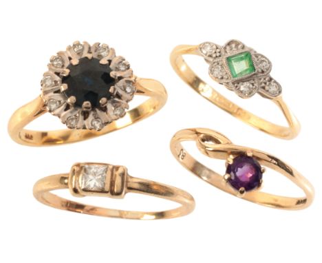 FOUR GEM-SET RINGS including a sapphire and diamond cluster ring in 18ct gold, set with a round cut sapphire of c.0.75 carats