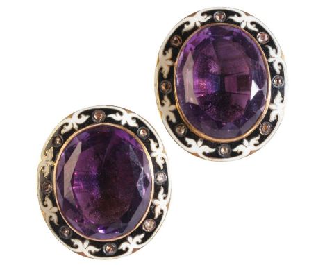 A PAIR OF AMETHYST AND DIAMOND DROP EARRINGSin 15ct gold, each set with an oval cut amethyst of c.10.24 carats and c.9.20 car