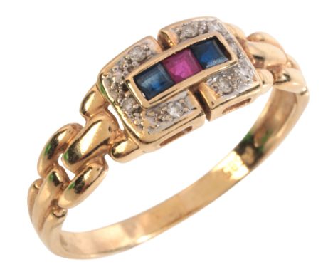 A SAPPHIRE, RUBY AND DIAMOND RINGin 14ct gold, set with alternating step cut rubies and sapphires, surrounded by a border of 