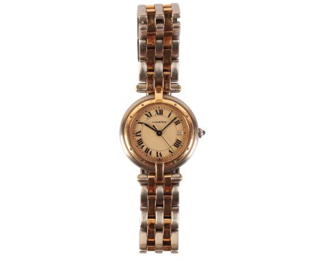 CARTIER PANTHÈRE: A LADY'S STEEL AND GOLD BRACELET WATCHwith quartz movement, the cream dial with black Roman numerals and da