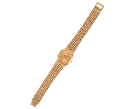 OMEGA DE VILLE: A LADY'S GOLD-PLATED BRACELET WATCHwith quartz movement, the square gold dial with gold baton numerals and go