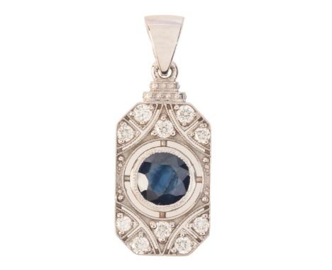 A SAPPHIRE AND DIAMOND PLAQUE PENDANTin 9ct white gold, set with a round cut sapphire of c. 0.65 carats, to an openwork plaqu