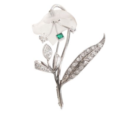 A GEM-SET LILY OF THE VALLEY BROOCHin 14ct white gold, designed as a flower with a carved rock crystal petals, accented by a 