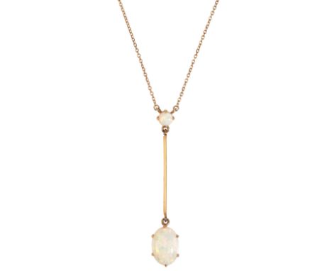 AN ANTIQUE OPAL PENDANT NECKLACEin 15ct gold, set with a round opal cabochon, articulated to a chamfered bar, suspending an o