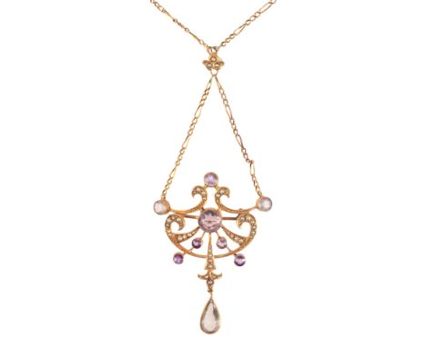 AN ANTIQUE AMETHYST AND SEED PEARL LAVALIER PENDANT NECKLACEin 9ct gold, in a stylised design, set throughout with round cut 