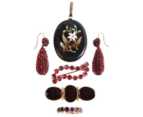 A COLLECTION OF JEWELSincluding a pair of Bohemian garnet drop earrings in silver, c.3.8cm; together with an amethyst eternit