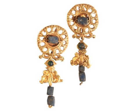 A PAIR OF ANCIENT GEM-SET DROP EARRINGS in high carat gold, each comprising an openwork disk, set to the centre with a lapis 